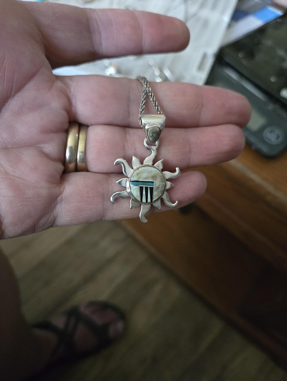 Calvin Begay-Sunburst Inlay Pendant Necklace - Silver with Turquoise Inlay